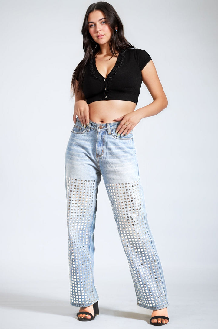 Studded Wide Leg Jeans - Ice Blue