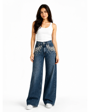 Midnight Glam - Rhinestone Embellished Wide Leg Jeans - Dark Blue