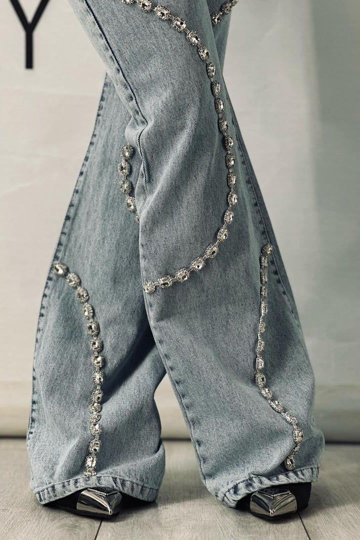 Rhinestone Embellished Wide Leg Jeans - Athena