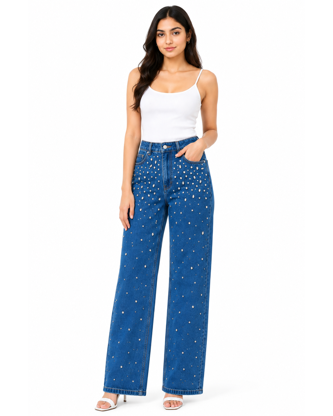 Starry Streak Rhinestone Embellished Wide Leg Jeans - Dark Blue
