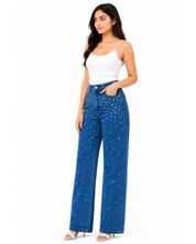 Starry Streak Rhinestone Embellished Wide Leg Jeans - Dark Blue