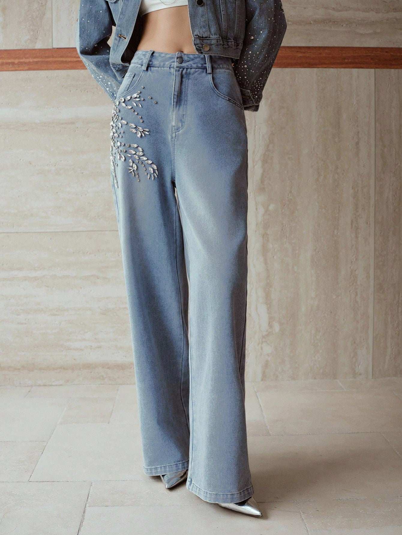 Crystal Vine - Rhinestone Embellished Wide Leg Jeans - Ice Blue