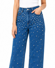 Starry Streak Rhinestone Embellished Wide Leg Jeans - Dark Blue
