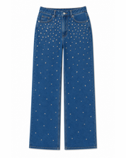 Starry Streak Rhinestone Embellished Wide Leg Jeans - Dark Blue