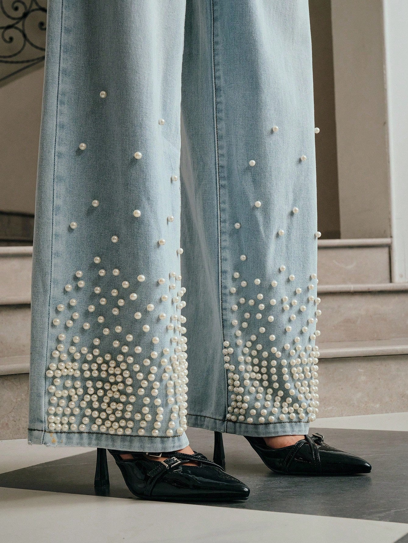 Alina - Pearl Embellished Wide Leg Jeans - Ice Blue