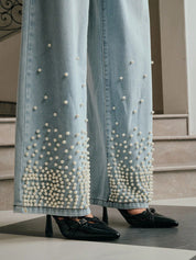 Alina - Pearl Embellished Wide Leg Jeans - Ice Blue
