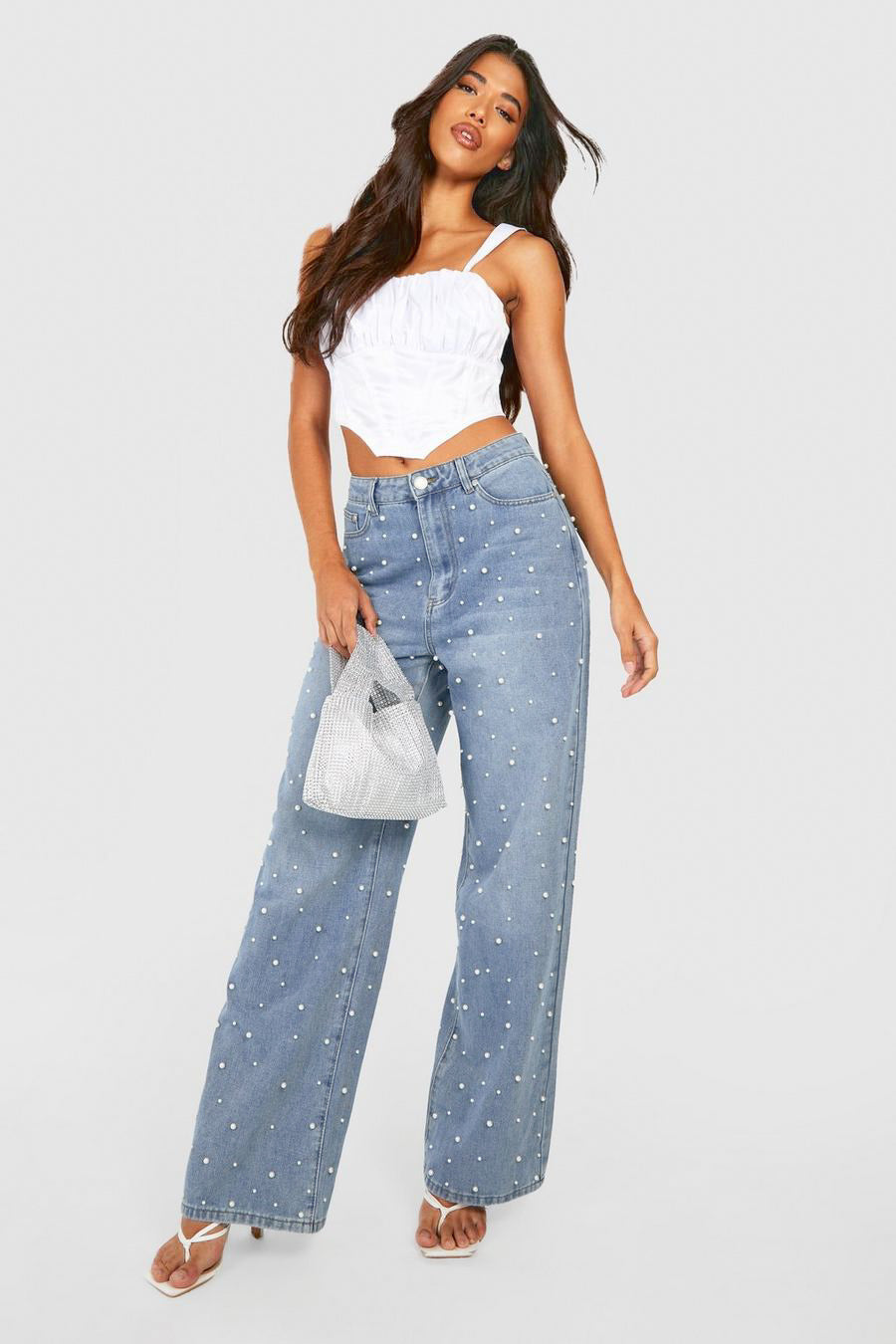 Limited Edition Pearl Embellished Wide Leg Jeans - Ice Blue