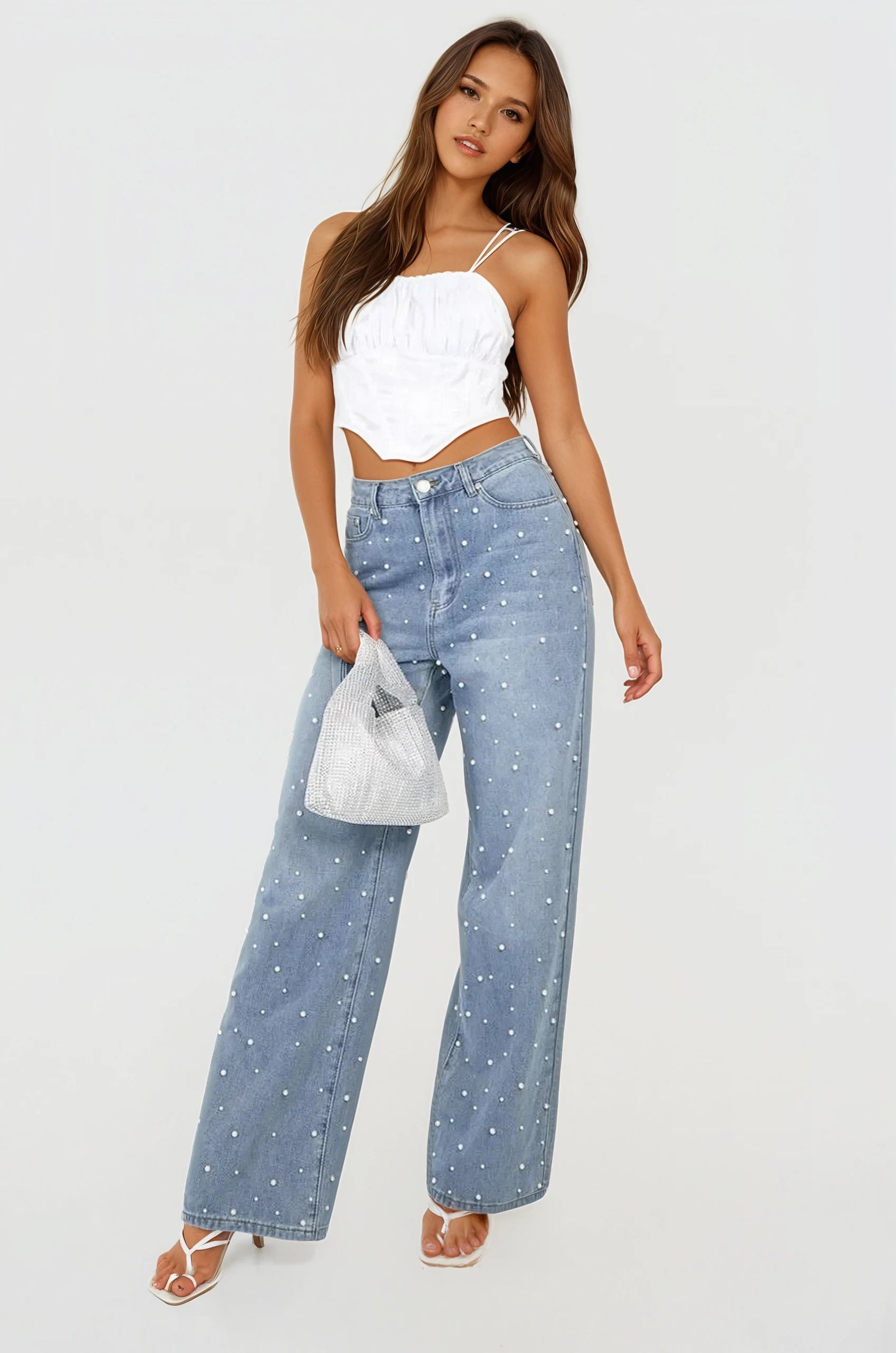 Limited Edition Pearl Embellished Wide Leg Jeans - Blue