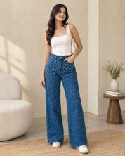 Starry Streak Rhinestone Embellished Wide Leg Jeans - Dark Blue