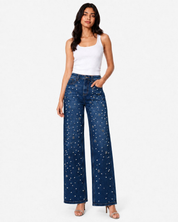 Rhea- Rhinestone Embellished Wide Leg Jeans - Dark Blue