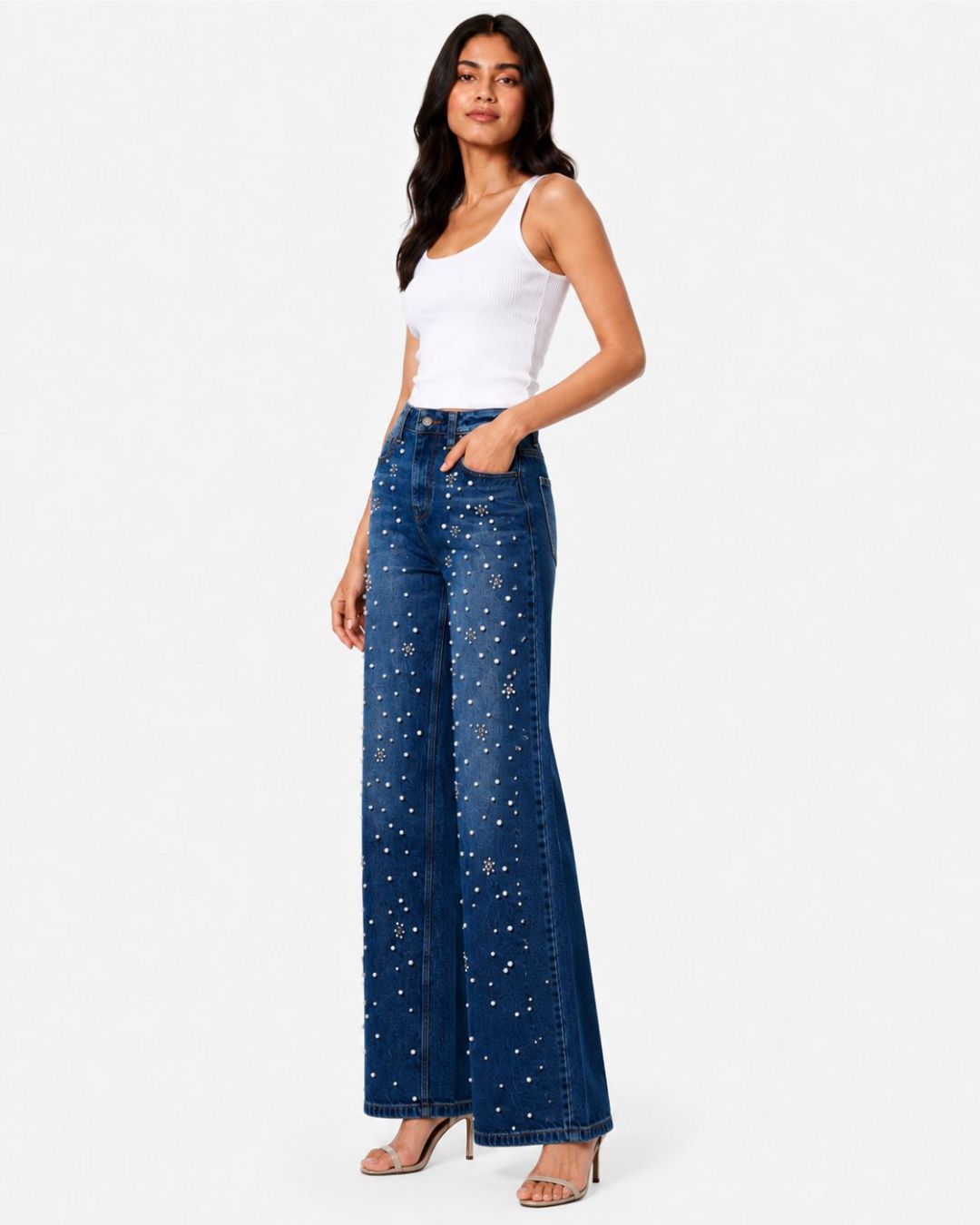 Rhea- Rhinestone Embellished Wide Leg Jeans - Dark Blue