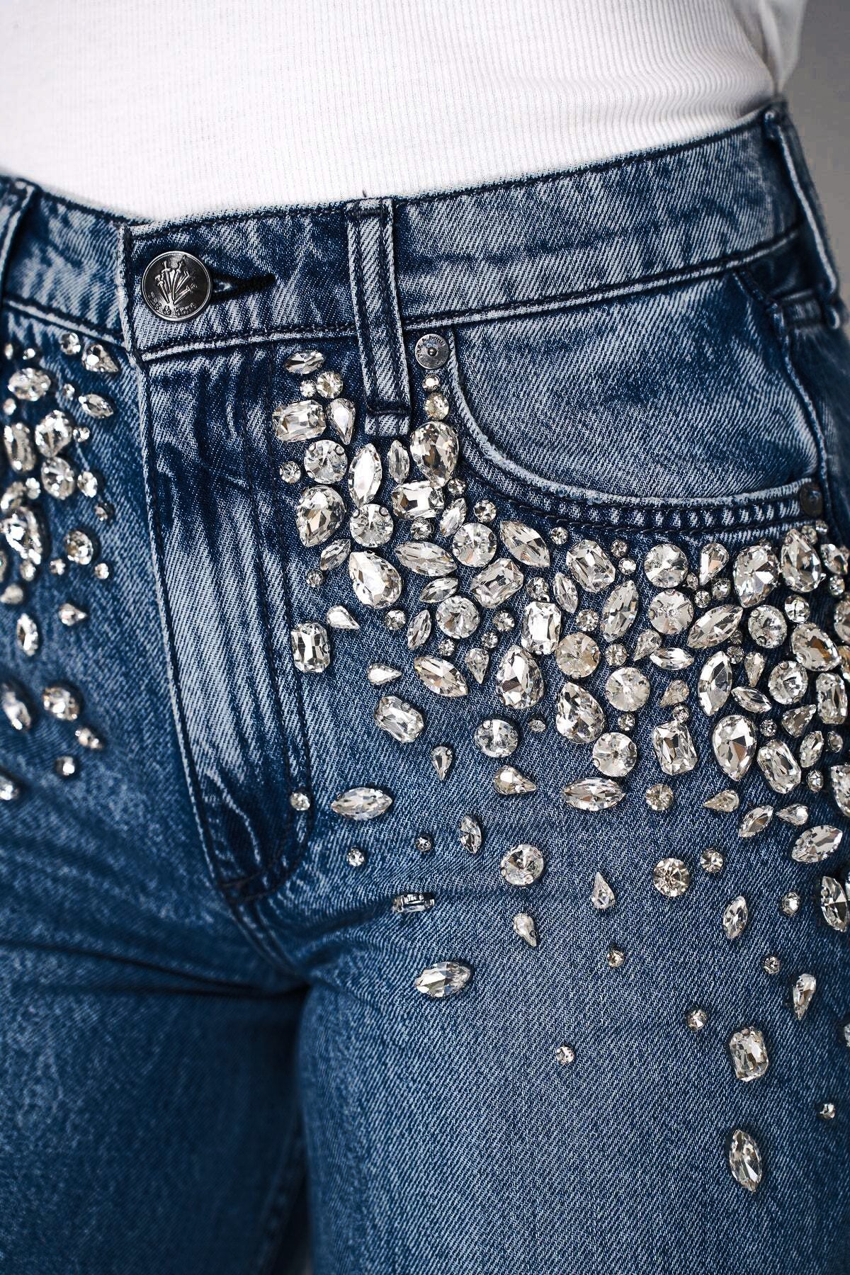 Midnight Glam - Rhinestone Embellished Wide Leg Jeans