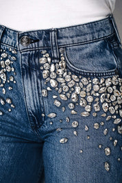 Midnight Glam - Rhinestone Embellished Wide Leg Jeans