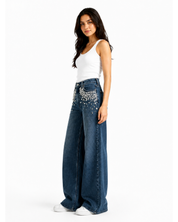 Midnight Glam - Rhinestone Embellished Wide Leg Jeans - Dark Blue