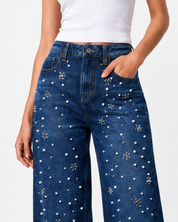 Rhea- Rhinestone Embellished Wide Leg Jeans - Dark Blue