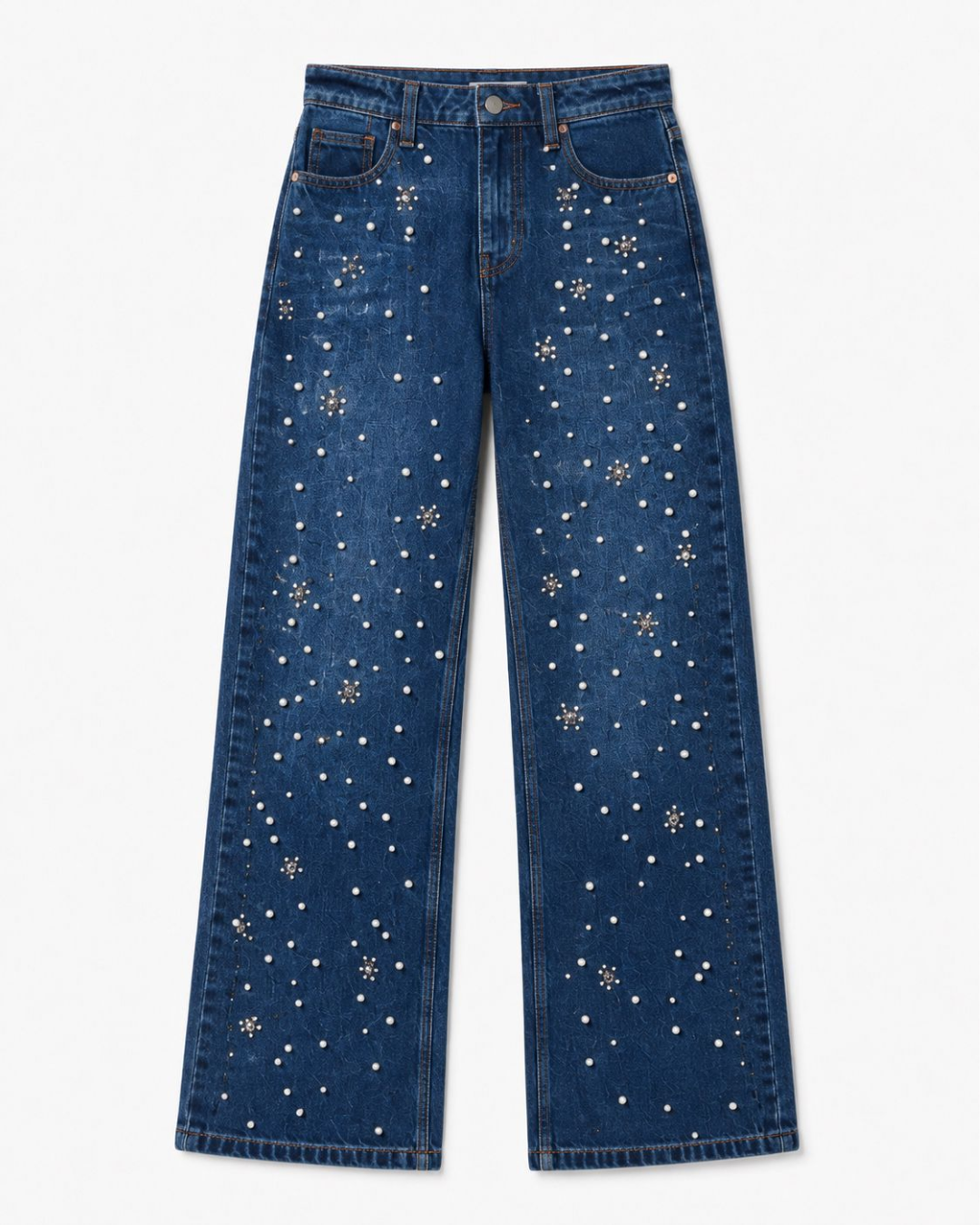 Rhea- Rhinestone Embellished Wide Leg Jeans - Dark Blue