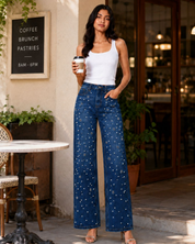 Rhea- Rhinestone Embellished Wide Leg Jeans - Dark Blue