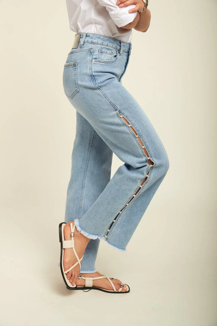 Pearl Slit Wide Leg Jeans - Ice Blue