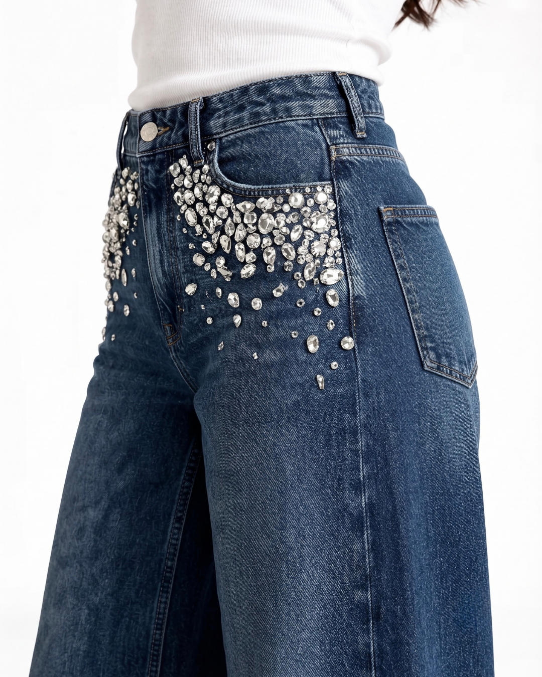 Midnight Glam - Rhinestone Embellished Wide Leg Jeans - Dark Blue