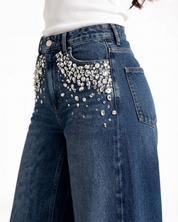 Midnight Glam - Rhinestone Embellished Wide Leg Jeans - Dark Blue