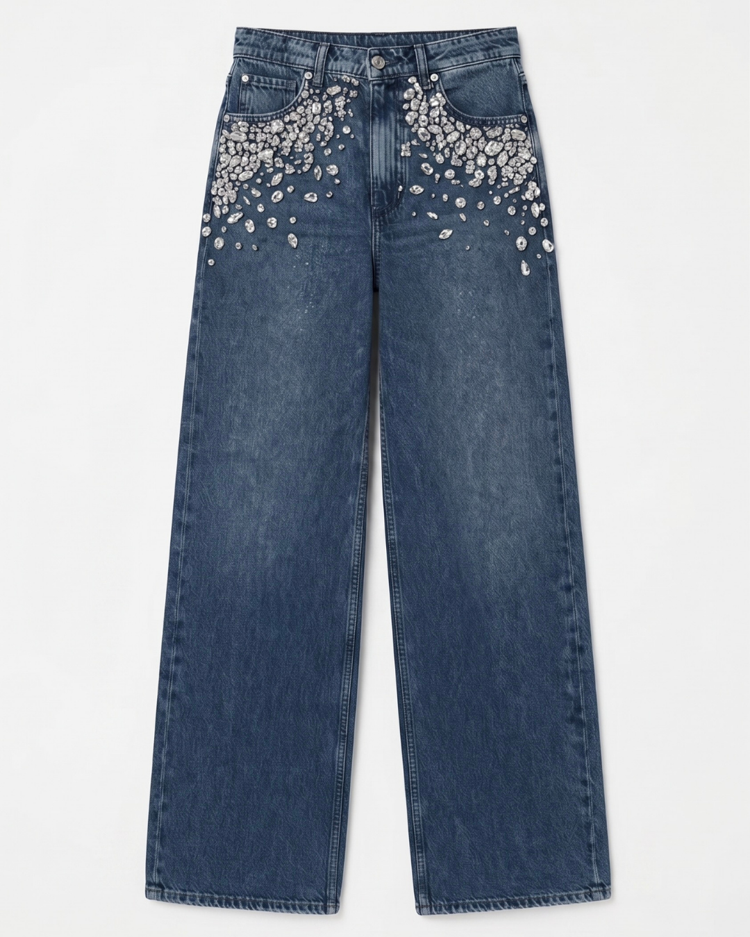Midnight Glam - Rhinestone Embellished Wide Leg Jeans - Dark Blue