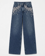 Midnight Glam - Rhinestone Embellished Wide Leg Jeans - Dark Blue