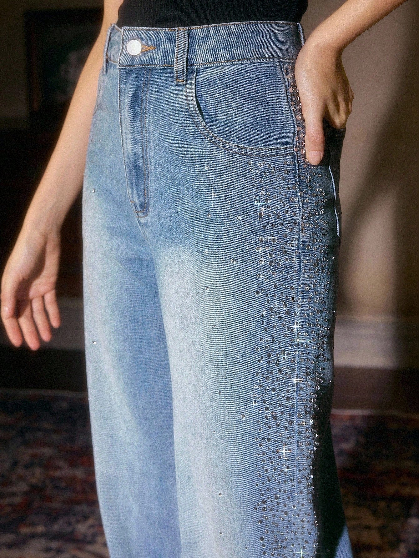 Mira - Rhinestone Embellished Wide Leg Jeans - Ice Blue