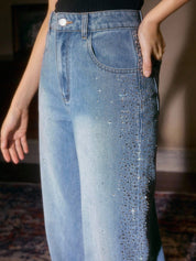 Mira - Rhinestone Embellished Wide Leg Jeans - Ice Blue