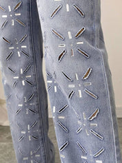 Rhinestone Embellished Wide Leg Jeans - Diana