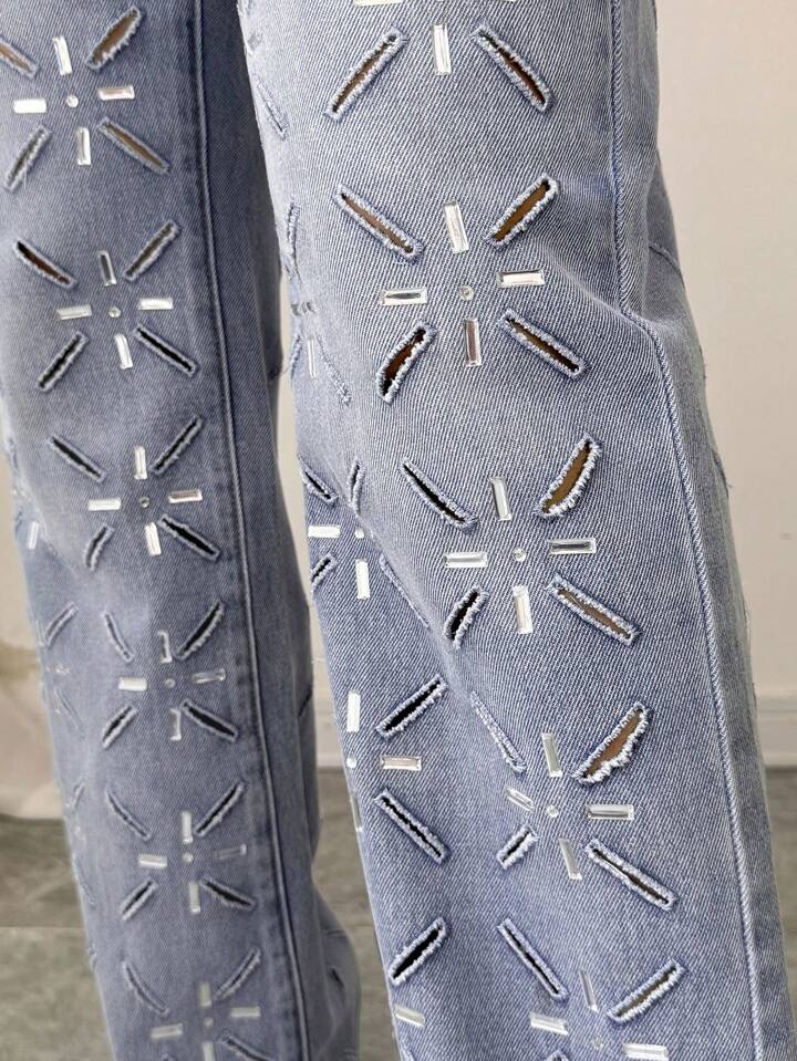 Rhinestone Embellished Wide Leg Jeans - Diana
