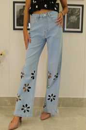 Aster - Rhinestone Embellished Cut Out Jeans - Ice Blue