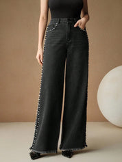 Myra - High Rise Pearl Embellished Wide Leg Jeans