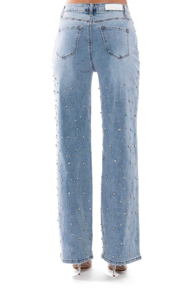 Lumière Rhinestone Embellished Wide Leg Jeans