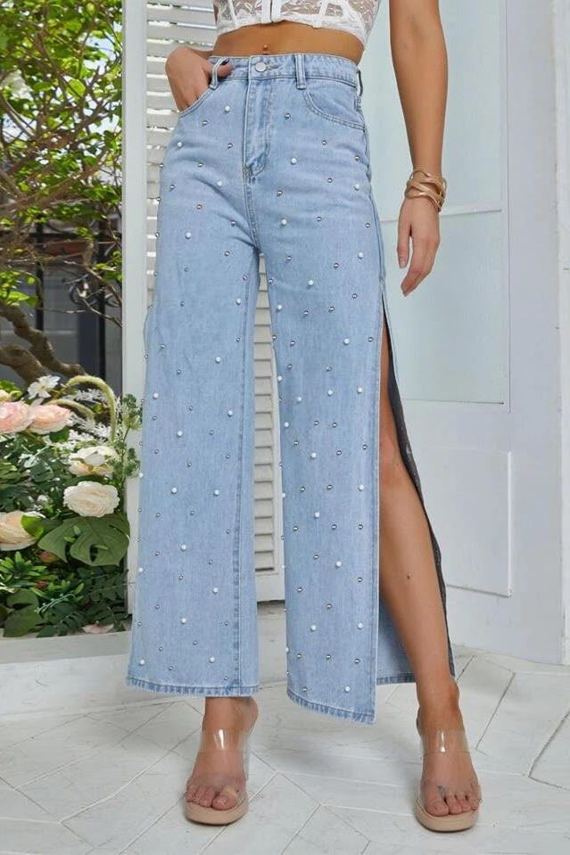 Pearl Studded Cut Out Jeans - Ice Blue