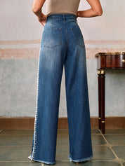 Pearl Affair - Pearl Embellished Wide Leg Jeans - Stone blue