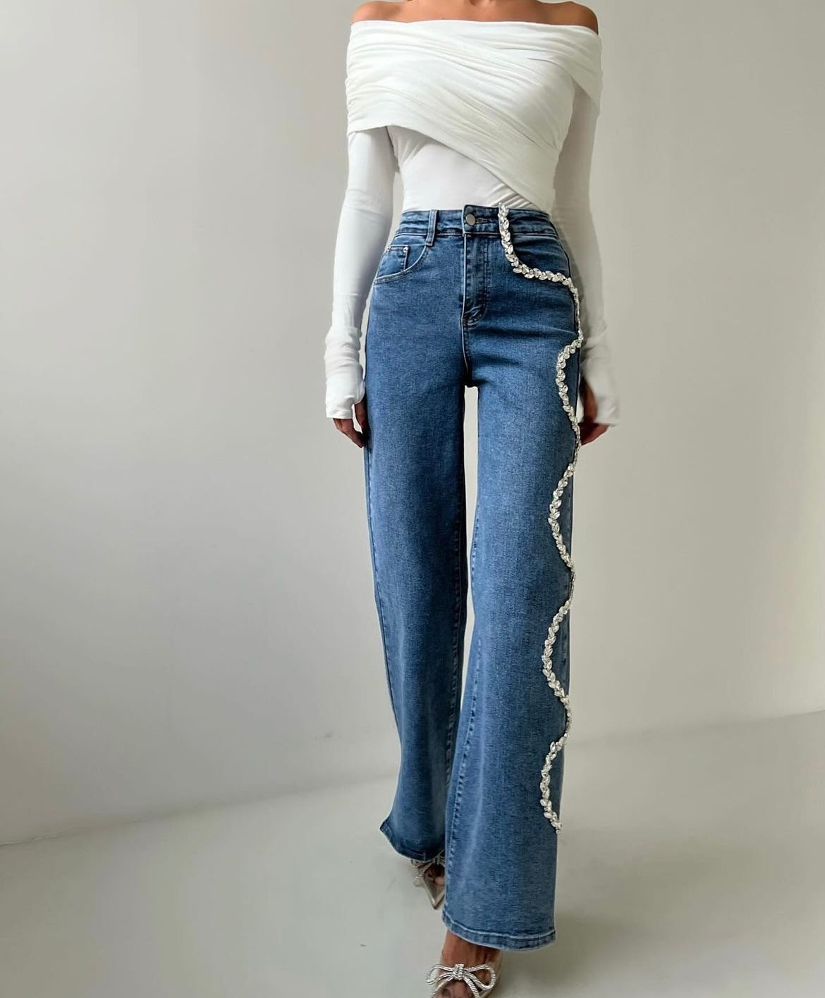 Selene - Rhinestone Embellished Wide Leg Jeans