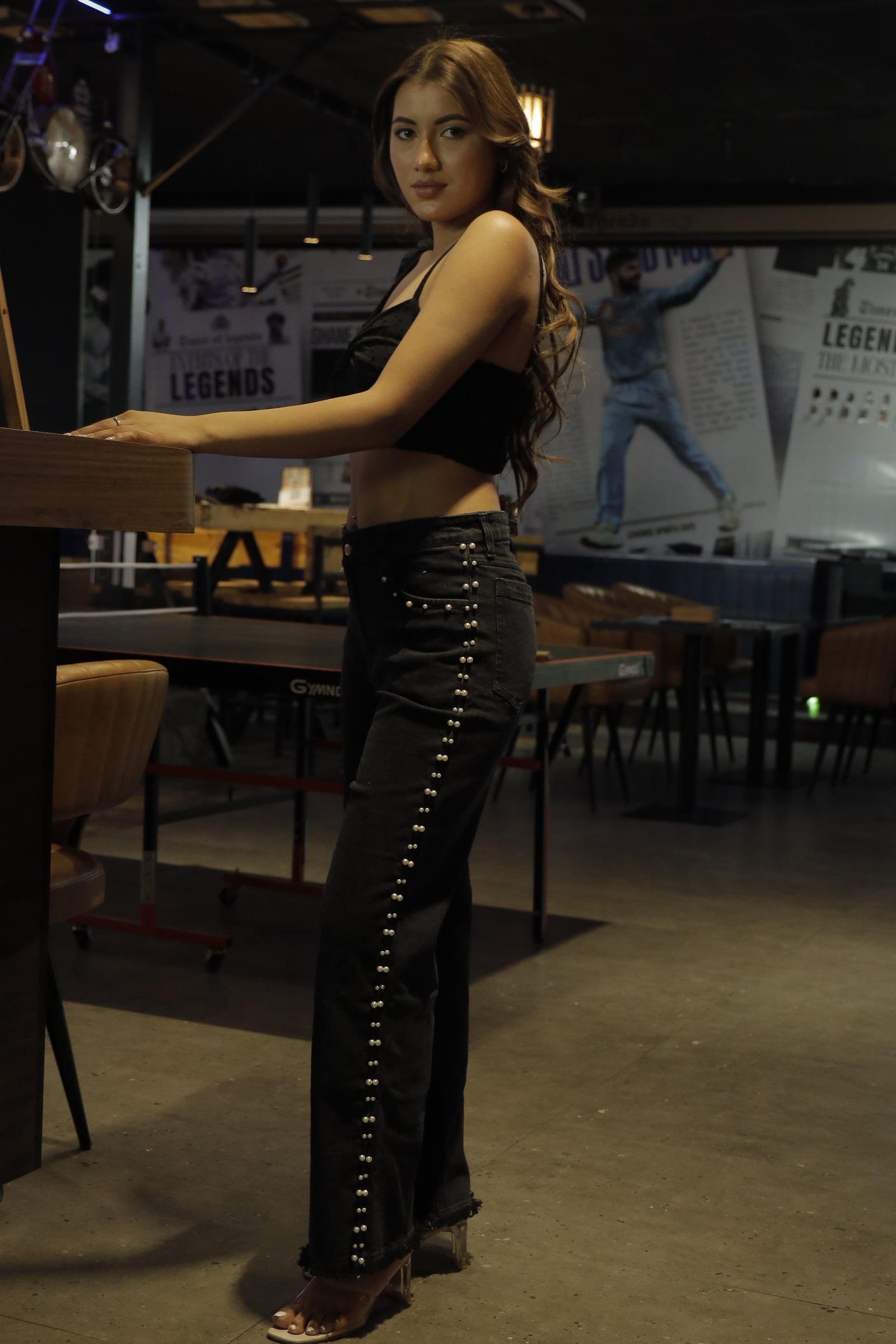 Myra - High Rise Pearl Embellished Wide Leg Jeans