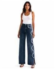 Selene - Rhinestone Embellished Wide Leg Jeans - Dark Blue