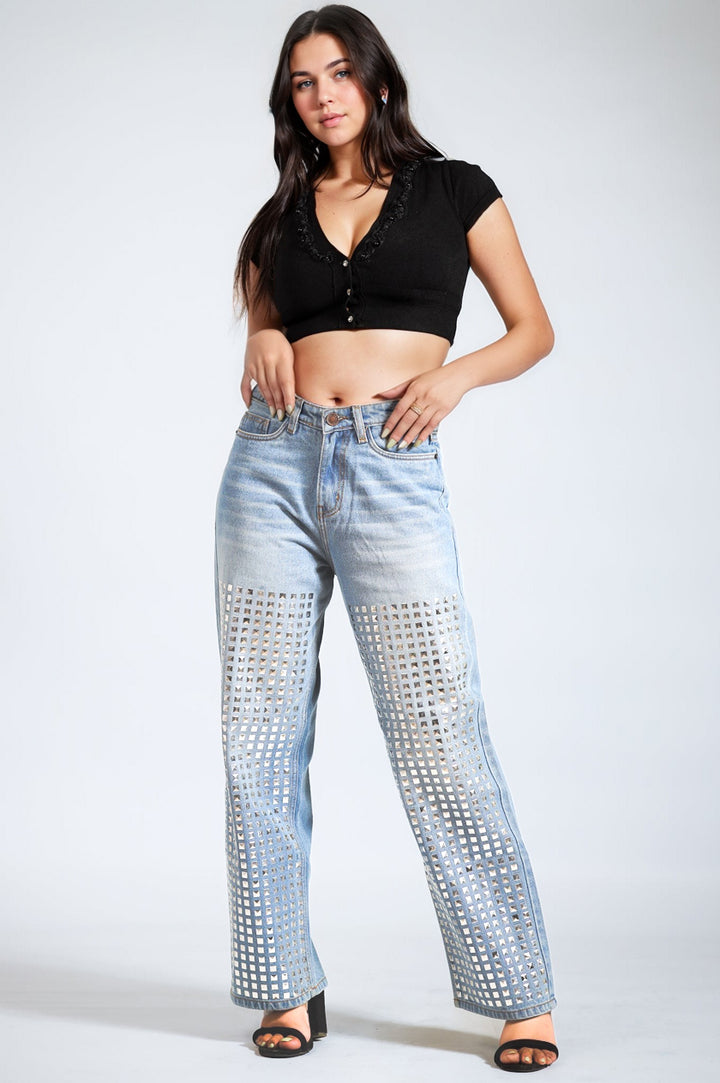 Studded Wide Leg Jeans - Ice Blue