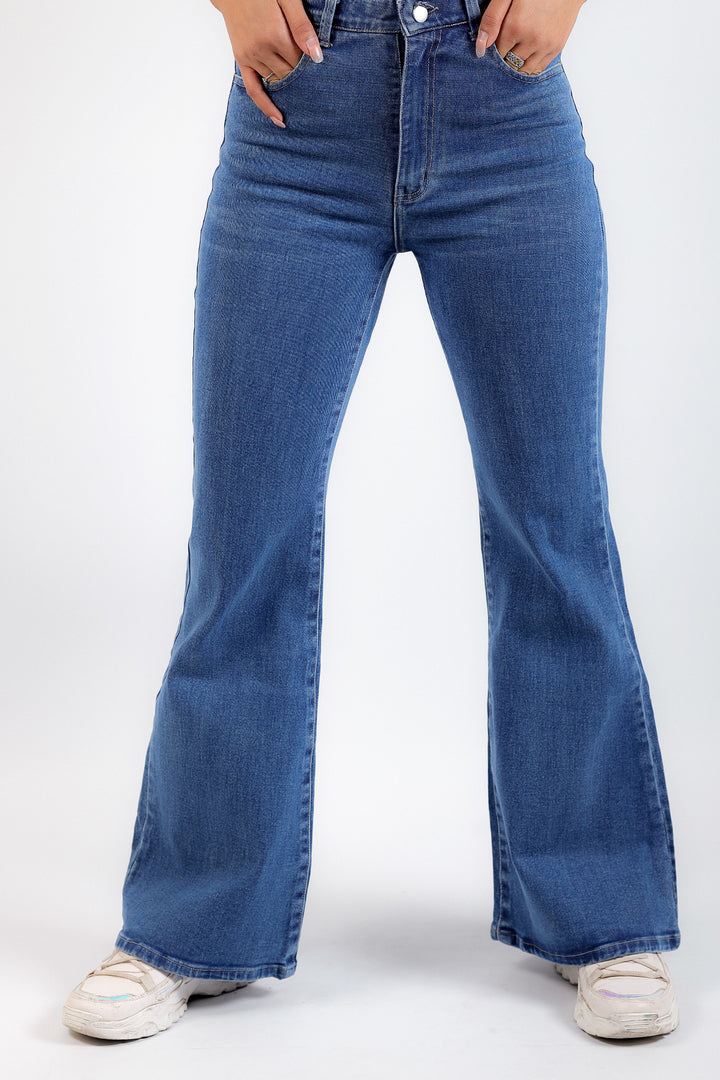 Boot Cut Whisker Washed Jeans - Aqua Blue
