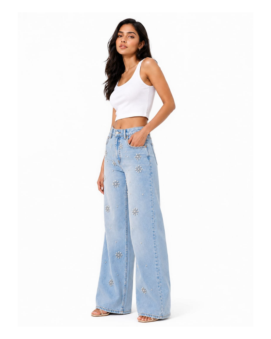 Dazie - Rhinestone Embellished Wide Leg Jeans - Ice Blue