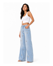 Dazie - Rhinestone Embellished Wide Leg Jeans - Ice Blue