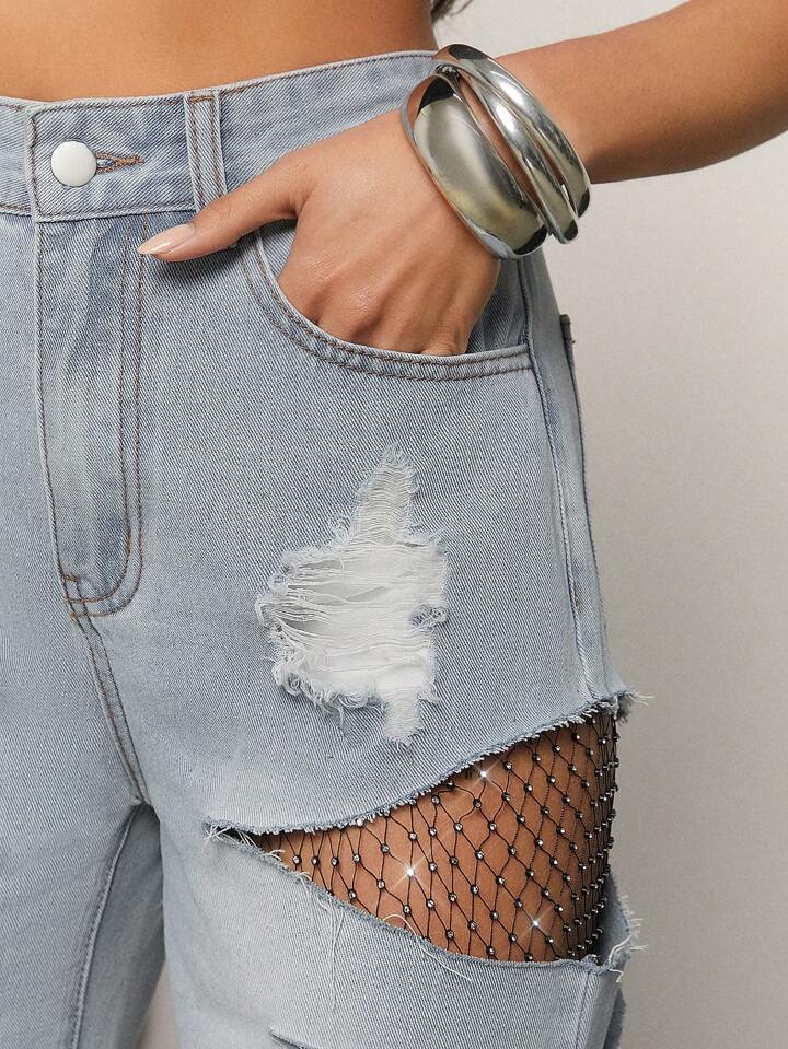 Blue Crystal Mesh Jeans - Rockstar