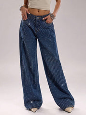 Hailey - Rhinestone Embellished Wide Leg Jeans - Dark Blue