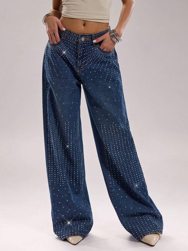 Hailey - Rhinestone Embellished Wide Leg Jeans - Dark Blue
