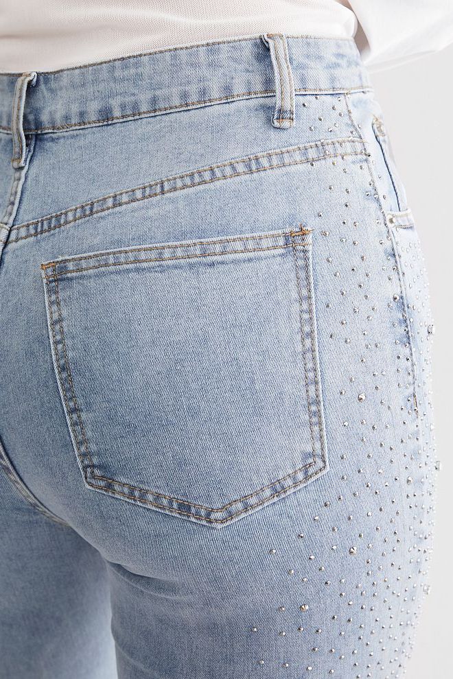 High Rise Rhinestone Embellished Boot Cut Flared Jeans - Ice Blue