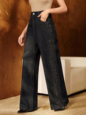Black Diamond Mist - Rhinestone Embellished Wide Leg Jeans