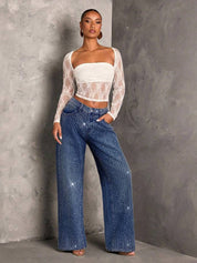 Hailey - Rhinestone Embellished Wide Leg Jeans - Dark Blue
