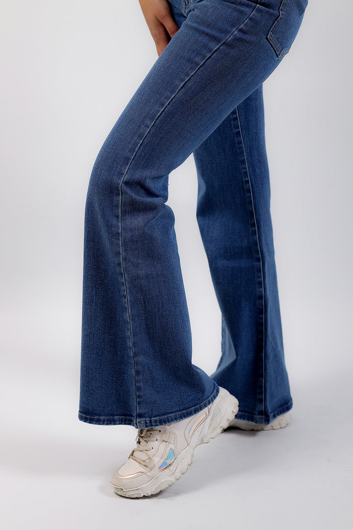 Boot Cut Whisker Washed Jeans - Aqua Blue