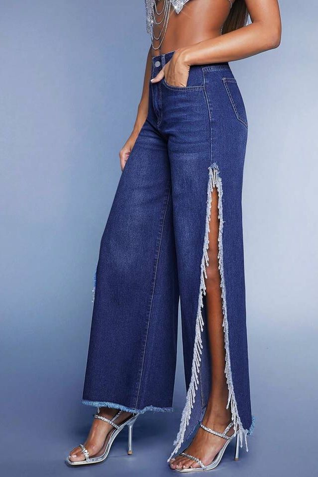 Aurora - High Rise Side Slit Tassel Jeans - Midnight Blue